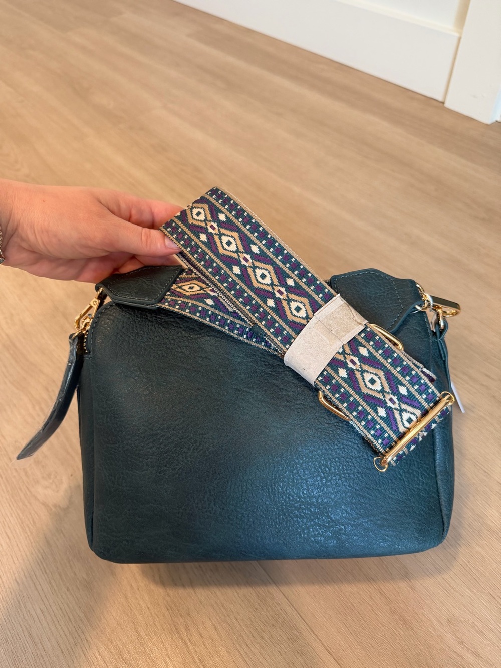Women’s Teal Leatherette Crossbody Bag with Patterned Strap